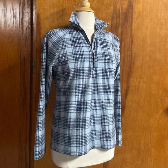 Eddie Bauer Fleece Collar Placket Zip Up Sky Blue Plaid Pullover Medium M - Picture 1 of 4